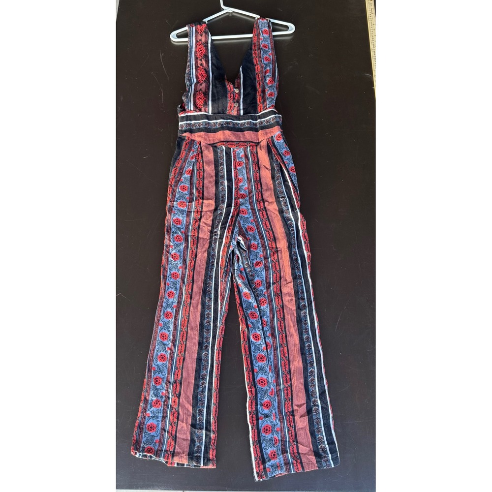 Free People Boho Floral Stripe Wide Leg Jumpsuit Red Blue Black Size 8